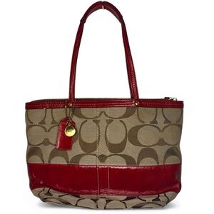 Coach Signature Stripe Red Patent Leather Tote Bag